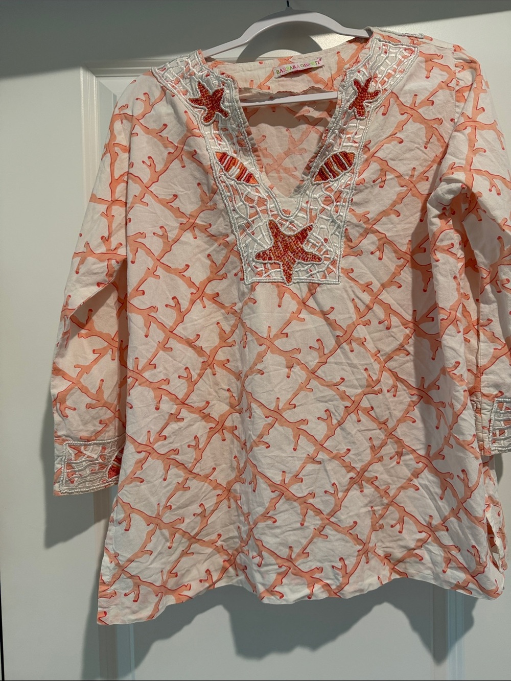 Barbara Gerwit Embroidered Coral Starfish Tunic Blouse - White/Coral